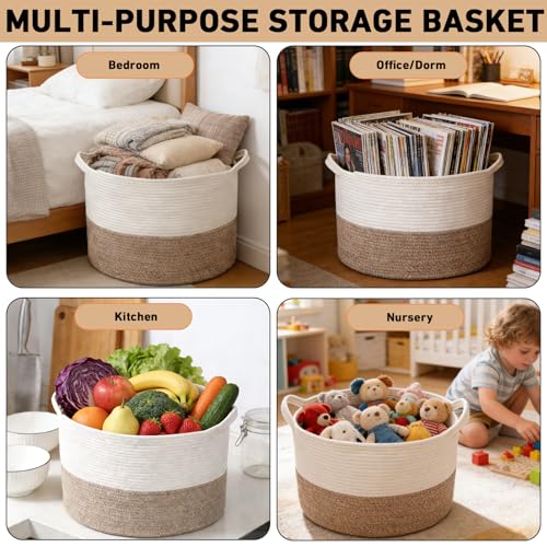 Large Woven Blanket Basket,65L Cotton Rope Laundry Basket Hamper with Handles, Decorative Nursery Basket Storage Bin for Toys, Clothes Organizer, Living Room, Bedroom, Bathroom, White & Brown - color: White&Brown, size: 19.7"L x 19.7"W x 13"H(65L)