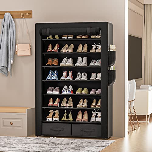 OYREL Tall Shoe Rack Dustproof Cabinet Large Capacity 8 Tier Shoe Organizer,32-40 Pairs of Shoes - size: 8Tier with 2bins Black