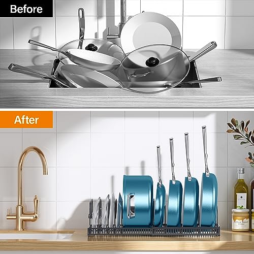 ORDORA Pots and Pans Organizer Under Cabinet, Expandable Cutting Board Pot Lid Organizer for Cabinet Holder with 10 Adjustable Dividers for Kitchen Storage - color: Black, size: 10 Dividers