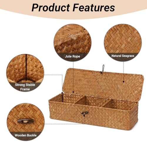 Nonam Seagrass Storage Small Basket with Lid - 3-Section Divided Organizer for Tea,Sugar,Coffee,Tampons - Woven Shelf Bin for Closet, Toilet Tank - Rectangular Narrow Boho Basket Home Decor - color: Small Natural