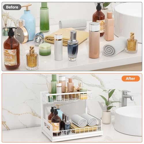 Under Sink Organizer 2 Tier, Pull Out Drawer Slides Under Sink Storage for Bathroom Kitchen,Multi-Purpose Drawer Under Cabinet Organizer for Cleaning Supplies (White, 2 Pack) - color: White, size: 2 Pack