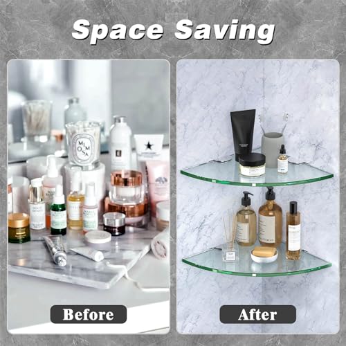 Corner Glass Shower Caddy 2 Pack 8MM-Thick Tempered Glass Shelf No Drilling Wall Mount Corner Mounted Shelves Space Saver Adhesive Bathroom Home Shelf Shampoo Holder Organizer Strong Adhesion - color: 2pack