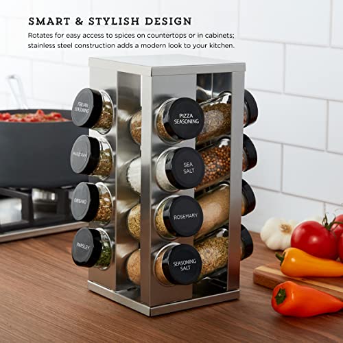 Kamenstein 16 Jar Heritage Revolving Countertop Spice Rack Organizer with Spices Included, FREE Spice Refills for 5 years, Brushed Stainless Steel with Black Caps | Revolving, Organizer, with Spices Included, with Black Caps - size: 16-Jar, style: 16-Jar