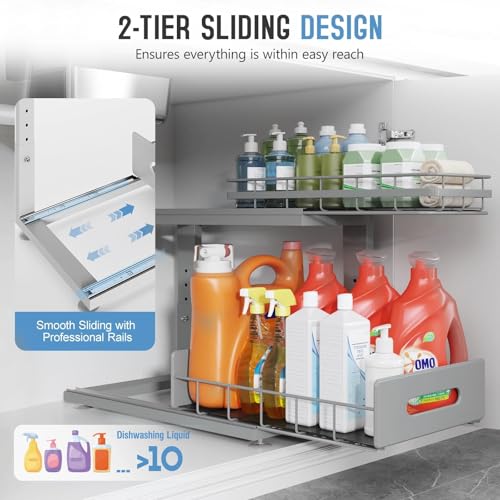 Under Sink Organizer Upgrade To Professional Rails,2-Tier Dual Pull Out Cabinet Storage,Height Adjustable Slide Out Drawers For Bathroom Kitchen,2 Pack-16.7"Dx12.8"-16.9"H,Gun Gray - color: Gun Gray, size: 2 Pack-16.7"Dx12.8"-16.9"H