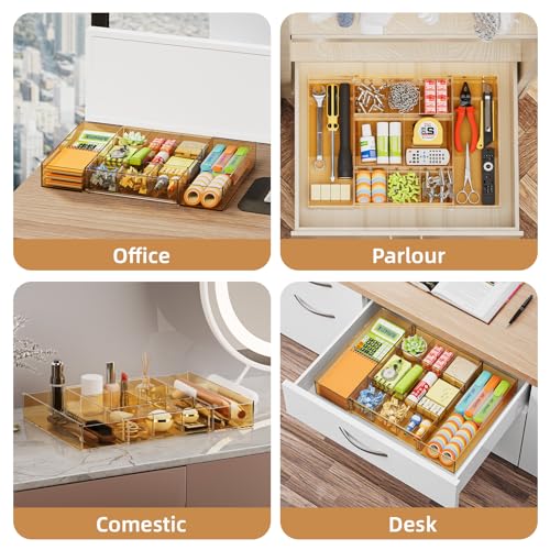 Marbrasse Expandable Desk Drawer Organizer, Clear Plastic Drawer Organizer Tray with 10 Adjustable Compartments, Desk Organizers and Accessories, 5 Drawer Dividers for Office Supplies(Clear Champagne) - color: Clear Champagne