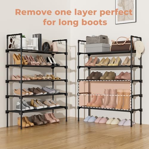 LANTEFUL 5 Tier Shoe Rack for Closet Shoe Organizer with 5 Hooks, Long Shoe Shelf Storage for Shoe and Boot Stackable Free Standing Shoe Rack for Entryway, Garage, Small Spaces, Dorm, Black - color: Black, size: 27.8"W - 5 Tier