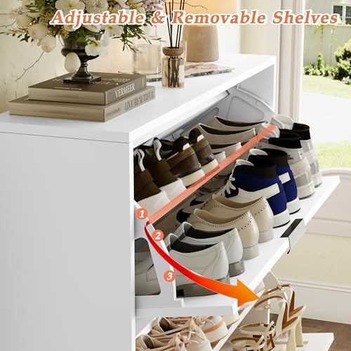 Shoe Storage Cabinet with 2 Flip Drawers, Narrow Wood Shoe Organizer Cabinet with Fluted Panel, Slim Shoe Rack for Entryway, Freestanding Shoe Cabinet for Living Room, Hallway, White - color: White, size: 2-Drawers