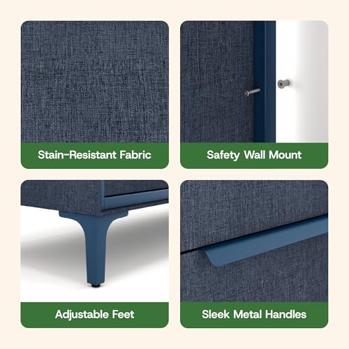 tinge Naima Premium Fabric Dresser - Strong Metal Frame, 10 Spacious Sag-Proof Drawers with Sleek Metal Handles - Premium & Durable Storage Solution for Your Home (Navy) - color: Ocean Blue (Navy), size: 14"D x 39.2"W x 35.8"H (10 Drawers)