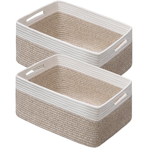UBBCARE 2 Pack Storage Baskets for Shelves, Large Woven Storage Baskets, Dog Toy Bins, Baskets for Organizing Clothes, Towels, Books, Blanket, 17"L x 13"W x 7.5"H, White&Brown - color: White&Light Brown, size: 2 Pack-17"(L)×13"(W)x7.5"(H)