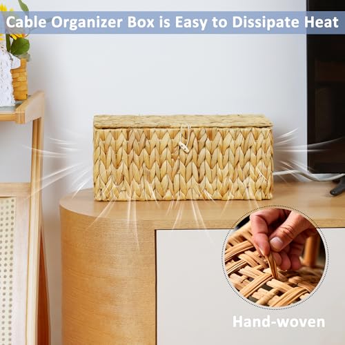 efluky 2 Pack Hand-Woven Cable Management Box with Lid, Water Hyacinth Open Slots Cord Box to Hide USB Wire, Power Strip & Charger for Home & Office and Dorm, Natural - color: Natural