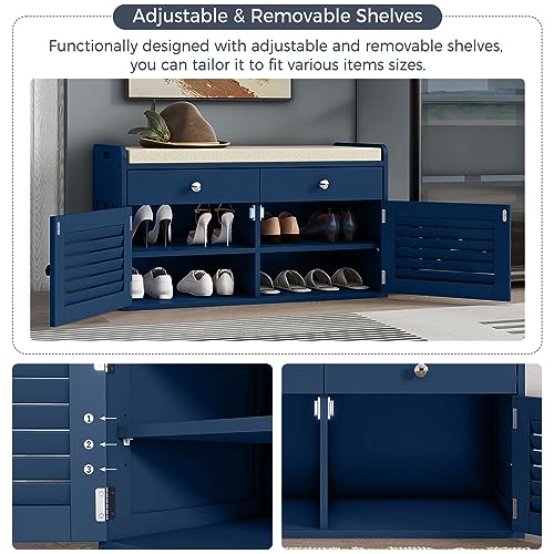 WARMHONIU Shoe Storage Bench with 2 Drawers, Entryway Bench with Cushion, Adjustable Shelves, Shoe Rack Bench with Louvered Doors for Entryway, Bedroom, Hallway, Blue - color: Blue, style: 2 Drawers Storage