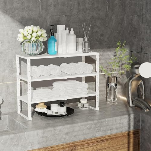 Jojocross Expandable Cabinet Shelf Organizer Storage Spice Rack Shelves for Kitchen Stackable Adjustable Pantry Cupboard Bathroom Countertop Desktop(2Packs/White/Large) - color: 2 Packs/White, size: LARGE:10.1"D x 16.6~26.5"W x 6.1"/7.5"H