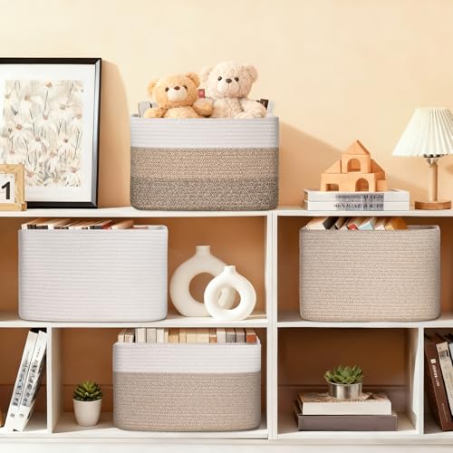Baskets for Organizing,Storage Baskets,3 Pack Baskets for Shelfves,15"×10"×9" Woven Basket,toy storage bins,bins for organization - color: White&Brown