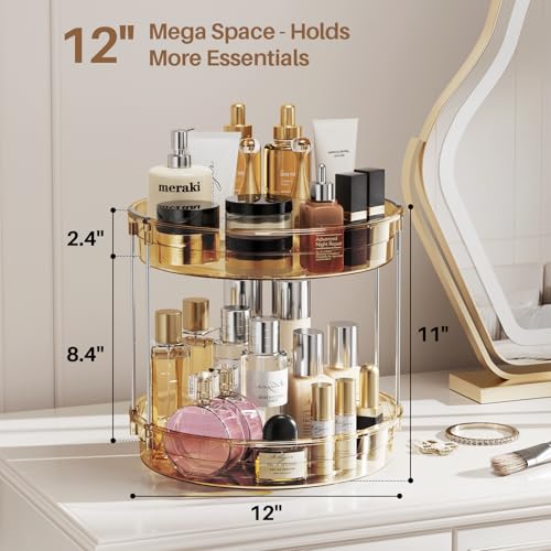 LAMU 2 Pack 2 Tier Lazy Susan Turntable Organizer 12'' Rotating Spice Rack Organization for Cabinet, Kitchen, Pantry, Countertop, Bathroom, Vanity, Medicine Cabinet Organizer, Amber - color: Amber, size: 12in 2Pack