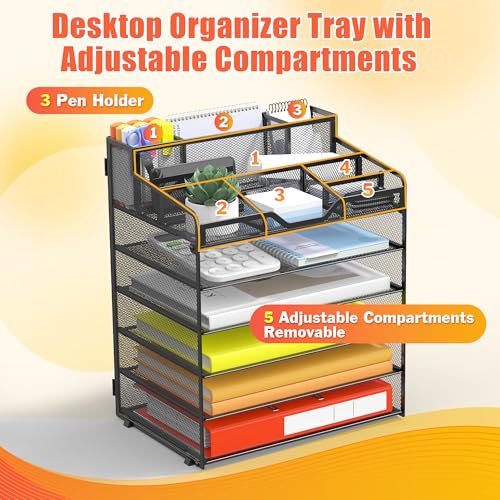Docnest 6 Tier Mesh Desk Organizer for Paper Office Supplies – Multi-Functional Letter Tray with 5 Adjustable Compartments, 3 Pen Holders, Desktop Storage for Files, Mail, Stationery – Black - color: Black, size: 12.7" x 9.1" x 15.5"