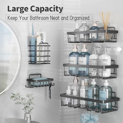 Liuoud 5 Pack Shower Caddy Organizer Rack Shelf for Inside Shower, Self Adhesive Bathroom Wall Storage Basket Rustproof Stainless Steel Large Capacity Shampoo Holder, Dark Grey - color: Dark Grey
