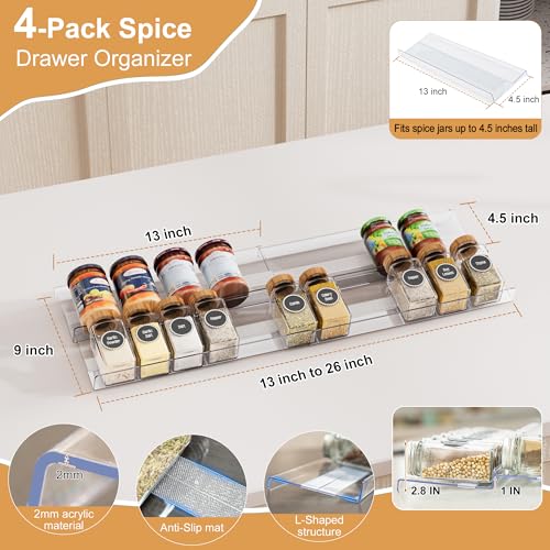 4-Pack Adjustable Spice Rack Organizer for Drawer, Expandable Seasoning Storage (13" to 26") with Anti-Slip Mat, Acrylic Tiered Spice Tray for Condiment, Nail Polish and Jar Organization - size: 4-Pack