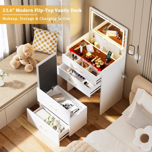 3 in 1 Makeup Vanity Desk with Flip Top Mirror and Lights, Glass Top Compact Vanity with Charging Station, 3 Drawers, Cushioned Stool for Bedroom Gift, White