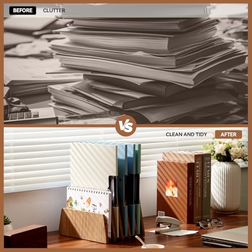 KIRIGEN Wooden Desk Mail Organizer 5 Slots File Paper Holder Desktop Wood Document Letter Holder Organizer for Home Office Dark Brown (5KWJJ-DBR) - color: Dark Brown, size: 5 Slots