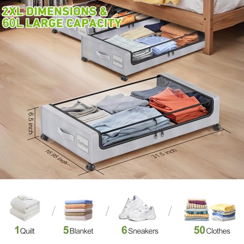 Beborxue Under Bed Storage with Wheels, 2-Pack Under the Bed Storage Containers with Lids, XXL 60L Under Bed Shoe Storage Organizer Bins, Rolling Underbed Storage for Clothes, Shoes, Blankets (Gray) - color: 2 Pack-Gray