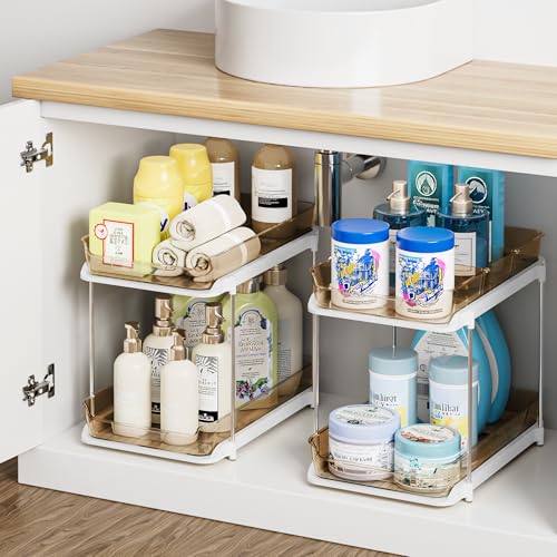 Delamu 2-Tier Multi-Purpose Bathroom Under Sink Organizers and Storage, Stackable Kitchen Pantry Organization, Pull Out Medicine Cabinet Organizer with Movable Dividers, Amber, 4 Pack - color: Amber, size: 4 Pack