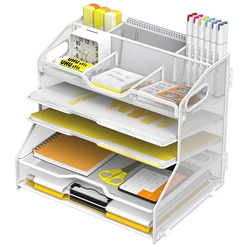 YINGHUA 5 Tier Paper Tray Letter Organizer with Top 6 Adjustable Compartments - Paper Sorter Office Desktop Accessories with Handles for Document,Mail,School Supplies Storage,White - color: 5 Tier-white