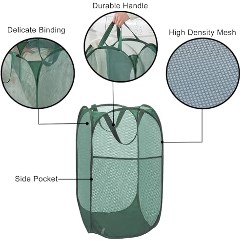 Pop Up Laundry Basket, Collapsible Mesh Laundry Hamper, Vertical Popup Hamper for Laundry, Spacing Saving Storage Basket for Bedroom, Hotel, Cruise, Green - color: Green