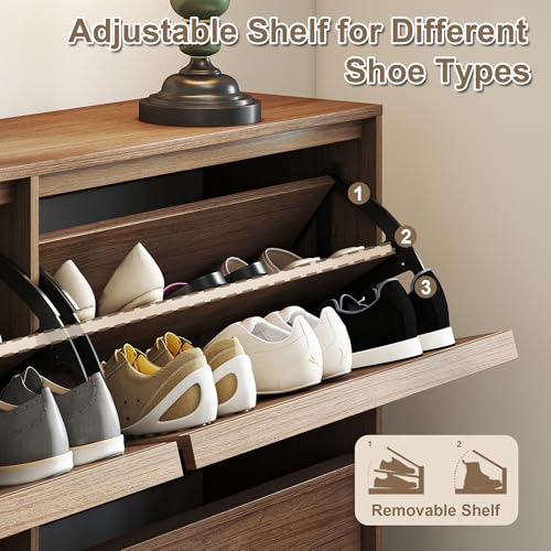 Shoe Storage Cabinet for Entryway with 4 Flip Drawers, Wooden Shoe Organizer Cabinet with Adjustable Shelf, Slim Freestanding Shoe Rack for Entryway, Hallway, Living Room, Walnut - color: Walnut