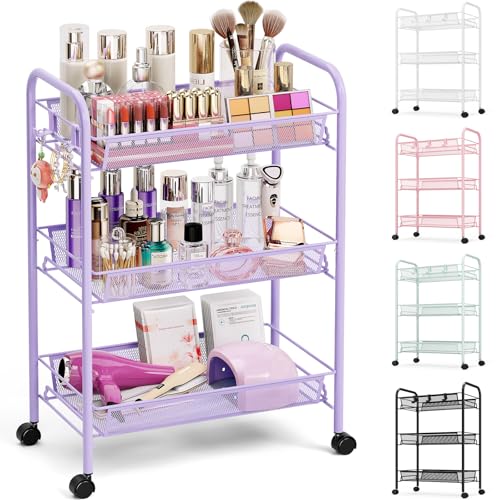 TOOLF 3-Tier Metal Rolling Cart, Mesh Wire Easy Assemble Utility Cart, Storage Trolley on Wheels with 3 Hooks, MetalStorage Shelving Units for Kitchen Bathroom Laundry Room - color: Purple, size: 3-Tier