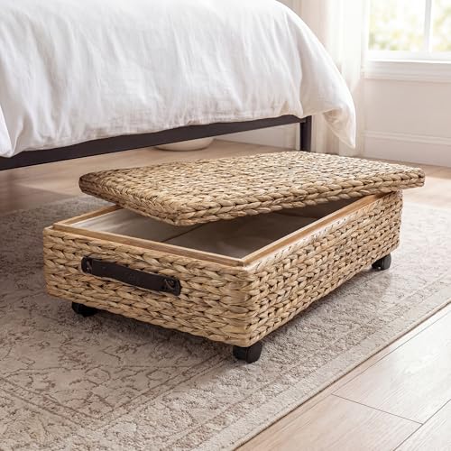 happimess BSK1006A 26.38" Chett Minimalist Hand-Woven Hyacinth/Wood Underbed Storage Bin with Wheels and Handles for Storage and Decoration in Bathroom, Bedroom, Closet, Entryway, Guest Room, Natural - color: Natural