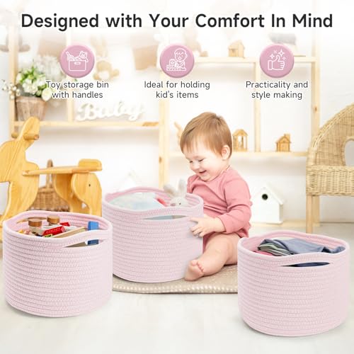 Small Rope Baskets for Storage, Baskets for Gifts Empty, Cute Round Woven Basket, Decorative Shelf Baskets 9.82×9.82×7.1", Cotton Toy Basket Storage Bins for Organizer 3 Packs-Pink - color: Pink-3PCS