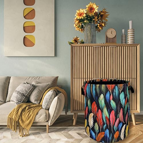 Feathers Laundry Basket Foldable With Handles Funny Tote Bag Oxford Cloth Colorful Feather Laundry Hamper Clothes Storage Bucket Toy Organizer For Bathroom/Laundry/Bedroom 18.9" x 16.5 " - color: Colorful Feathers