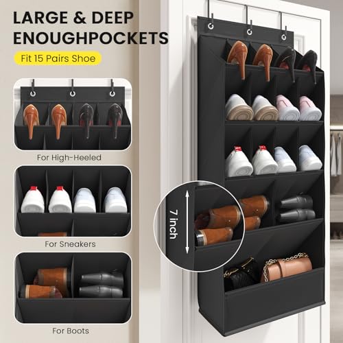 18 Pairs Over the Door Shoe Organizer, Shoe Rack for Closet Door with Large Breathable Pockets, Hanging Shoes Rack for Boots, Behind the Door Organizer Shoe Holder for Categorized Storage, Black - color: Black 15 POCKET