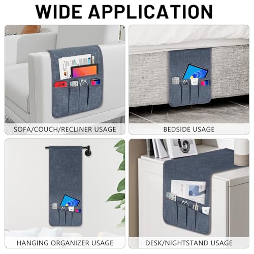 Couch Armrest Remote Control Holder, Couch Caddy Gifts for Seniors Bed Caddy Tv Remote Holder with 5 Pockets for Key Glasses Phone Magazine Holders - color: Grayish Blue
