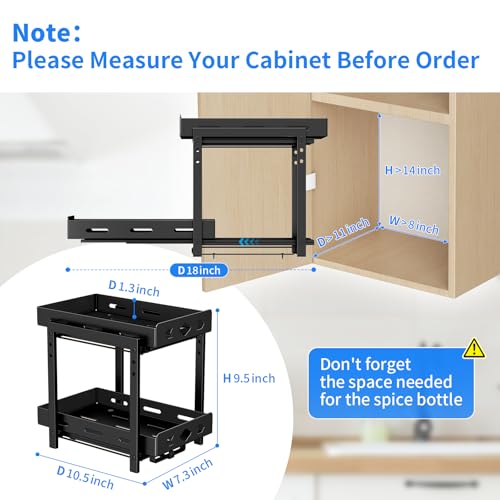 BOIVSHI Pull Out Spice Racks for Inside Cabinets, 2-Tier Cabinet Spice Rack Organizer, Height Adjustable Vertical Spice Rack for Kitchen Cabinet (7.5''Wx10.8''Dx9.2''H, Metal Black) - size: 7.5''Wx10.8''Dx9.2''H,2 Tier