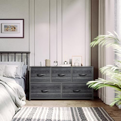 YITAHOME Dresser with 5 Drawers - Fabric Storage Tower, Organizer Unit for Bedroom, Living Room, Closets - Sturdy Steel Frame, Wooden Top - color: Cool Black Wood Grain, style: 5-Drawer