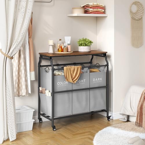 Hoctieon 3 Section Laundry Sorter Cart with Ironing Board, Laundry Hamper with Shelf and Rolling Wheels, Heavy Duty Laundry Basket Organizer, Large Clothes Separator Hamper with Removable Bags, Gray - color: Gray