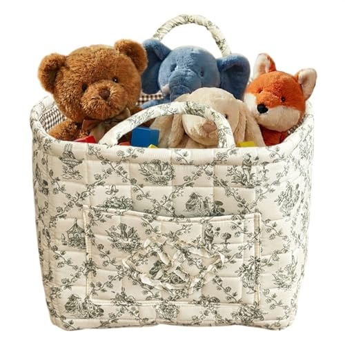 Quilted Fabric Basket Foldable Car Storage Boho Floral Laundry Basket Hamper for Nursery Bedroom & Living Room | Organize Clothes Toys - color: Green French Country