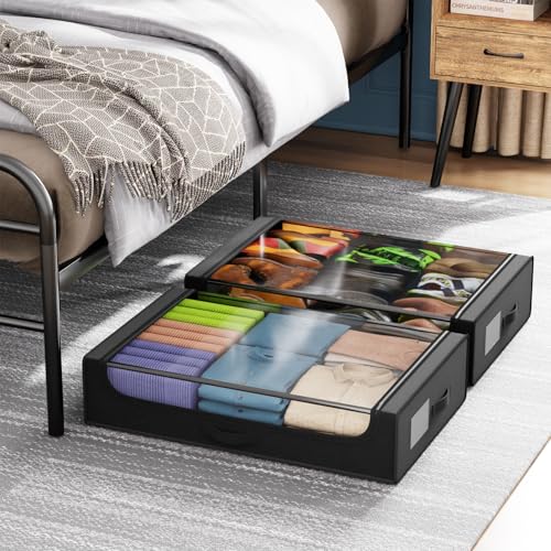 FDW Under Bed Storage Containers 2-Pack Closet Organizers Foldable Storage Bins with Clear Window Storage Containers for Shoes and Books, Black - color: Black