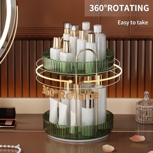 YCIA&DONE 360 Rotating Makeup Organizer and Storage for Vanity Countertop 2 Tiers, High Capacity Cosmetic Skincare Perfume Organizers for Dresser Bathroom Lazy Susan (Vintage Green) - color: Vintage Green, size: 9" (2 Tiers)
