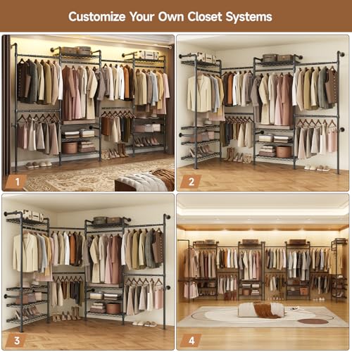 ComfyCorner Wall Mounted Garment Rack, Industrial Pipe Metal Clothing Rack with 6 Hanging Rods (4 Expandable) & 8 Shelves, Closet Organizers and Storage System for Bedroom, Walk in Closet - color: Black