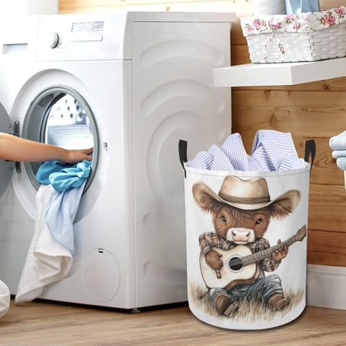 Funny Cowboy Highland Cow Laundry Basket Animal Foldable Laundry Hamper with Handles Clothes Storage Bin for Household Bedroom Bathroom Dorms 17.3"x13.6" - color: Funny Cowboy Highland Cow