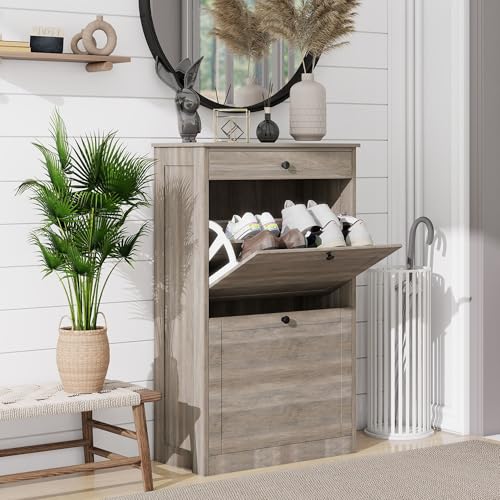 FTZxHKLX Shoe Cabinet with 2 Flip Drawers, Narrow Freestanding Shoe Storage Organizer, Slim Wooden Hidden Shoe Rack for Front Door Entrance, Closet, Hallway, Living Room, Rustic Gray - color: Rustic Gray, size: 1pcs