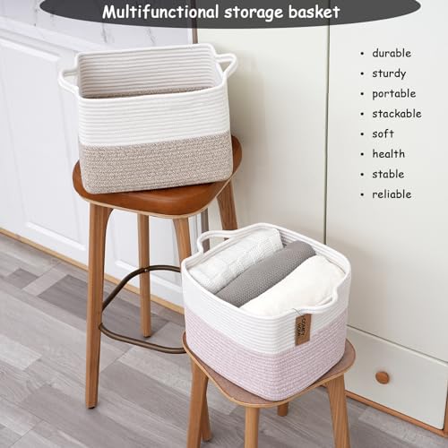 COMFY-HOMI Cotton Rope Woven Basket with Handles for Shelves,Toys,Book, Cloth Storage Baskets for Organizing-13.5" x 11" x 9.5" Toy Decorative Organizer for Living Room, Bathroom （White/Brown） - color: White/Brown, size: 13.5"X11"X9.5"