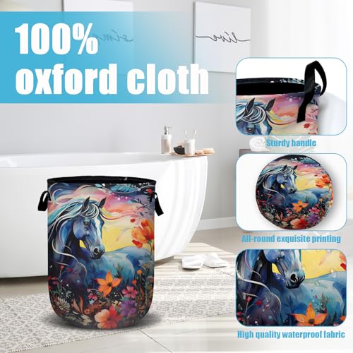 Colorful Horse Floral Laundry Basket, Laundry Hamper Collapsible Oxford Cloth with Handle Clothes Toy Storage Bin for Bathroom Laundry Room Bedroom 15.7 X 20 Inch - color: Colorful Horse Floral