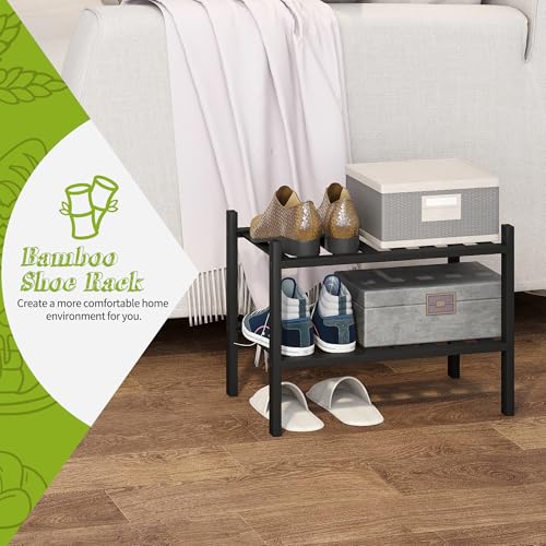 BMOSU 2-Tier Bamboo Small Shoe Rack Premium Stackable Shoe Shelf Storage Organizer for Hallway Closet Living Room Entryway Organizer (Black Bamboo) - color: Black Bamboo, size: Small-2-Tier（17*11*12.6inches）