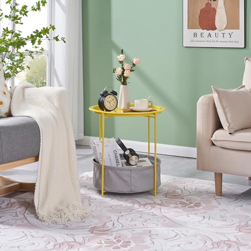 VECELO Round Side/End Table with Fabric Storage Basket，Metal Anti-Rust and Waterproof Small Bedside Nightstand with Removable Tray Top for Living Room，Balcony & Laundry，Yellow /1pcs with Basket - color: Yellow, size: 1 PCS with Basket