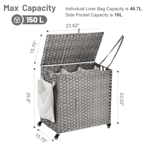 Laundry Hamper with Wheels, 39.6 Gallon(150L) Rolling Laundry Basket with Lid, 3-Section Rattan Clothes Hamper with 3 Removable Liner & 3 Mesh Bags, Laundry Sorter with Side Pocket, Grey - color: Grey, size: 150L（23.62 x 15.75 x 25.6 Inches）