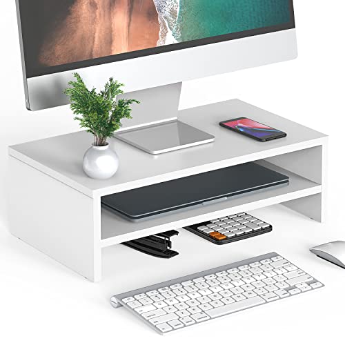 FITUEYES Monitor Stand - 2 Tier Computer Monitor Riser Shelf, Wood Desktop Stand for Laptop Computer Screen, Desk Organization, Office Supplies - color: White, size: 16.7“