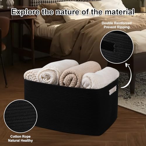 OIAHOMY 75L Large Blanket Basket, Storage Baskets with Handle, Rectangle Woven Cotton Rope Basket, Toy Organizer Bins, 22" x 17"x 12" in,Charcoal Black - color: Charcoal Black, size: 22”x17”x12”